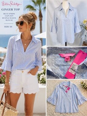 NWT Lilly Pulitzer Ginger Top Blue Stripe Clip Dot Ruffle Sleeve Blouse XS🧡